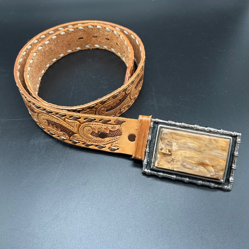 VTG Burton Mens Belt 34 Tooled Brown Leather Cowboy Western Square Stone Buckle - Picture 4 of 8